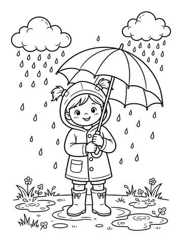 Desenho de menina com guarda-chuva na chuva para colorir