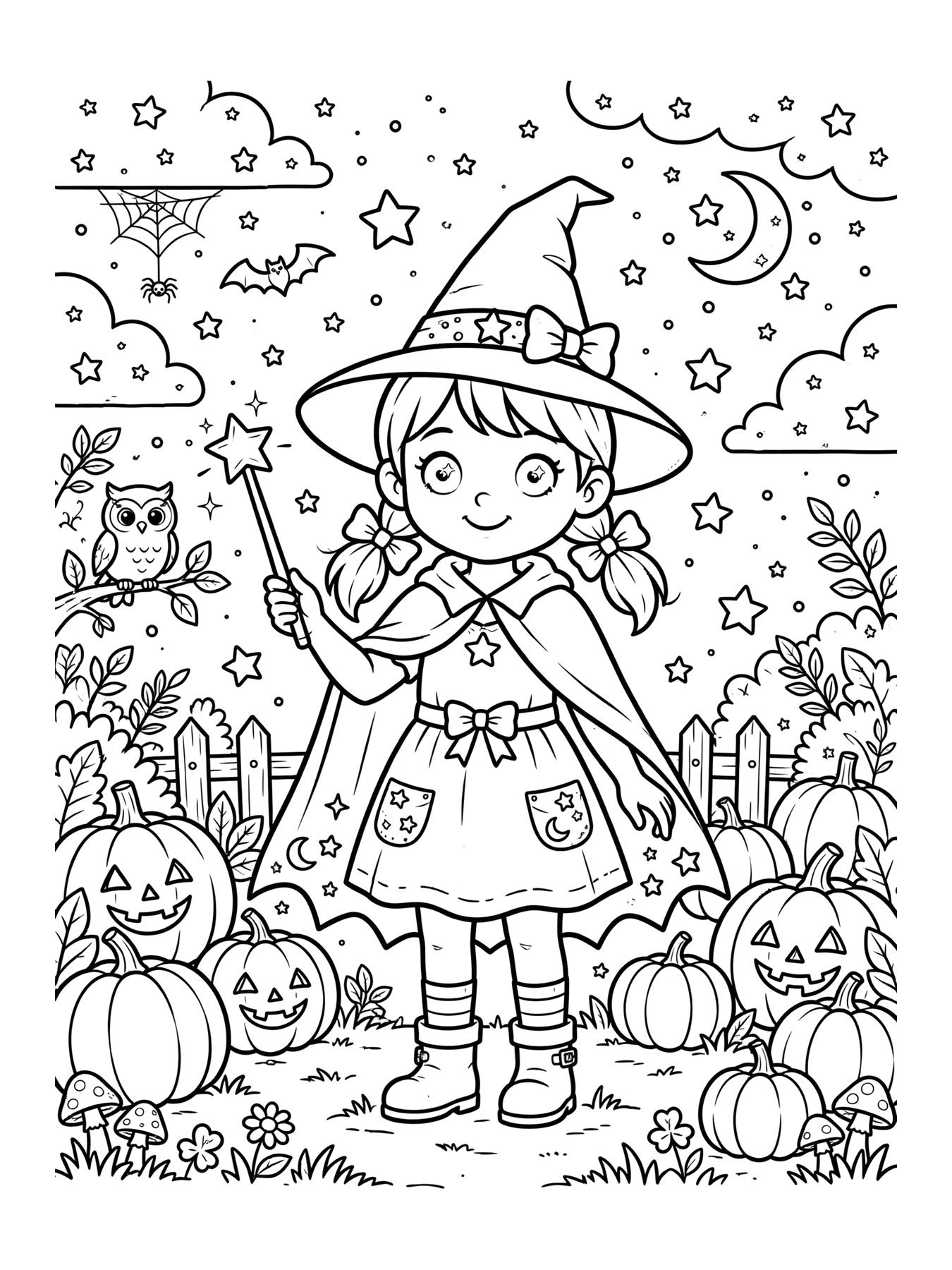 Desenho de menina fantasiada de bruxa com varinha para colorir