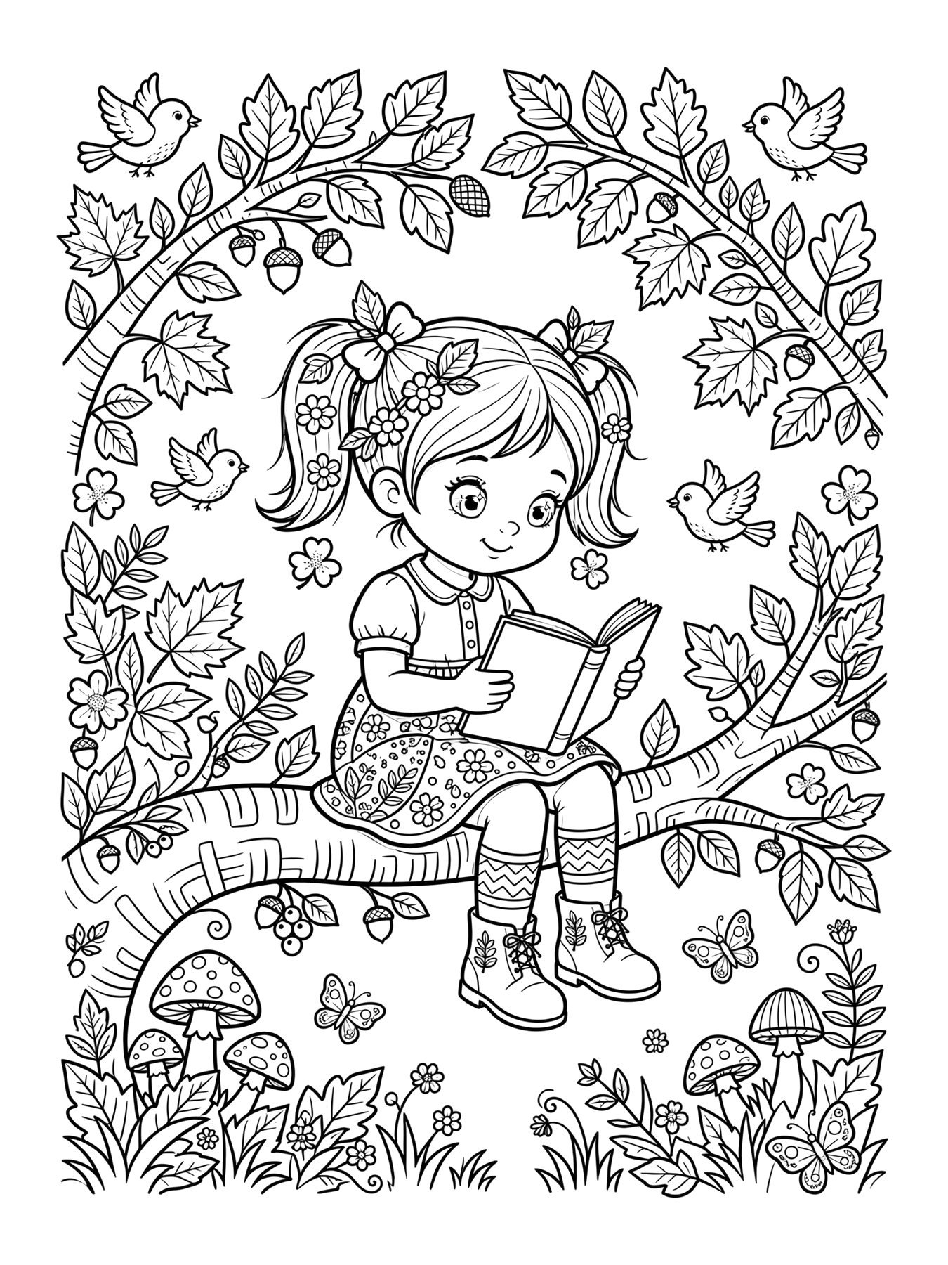 Desenho de menina lendo livro na árvore para colorir