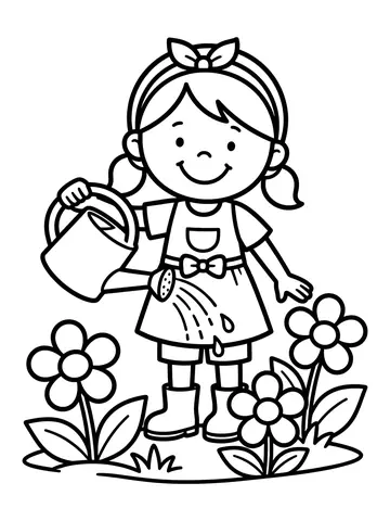 Desenho de menina no jardim regando flores para colorir