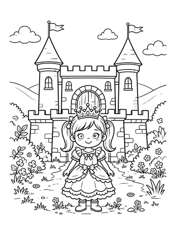Desenho de menina princesa no castelo para colorir