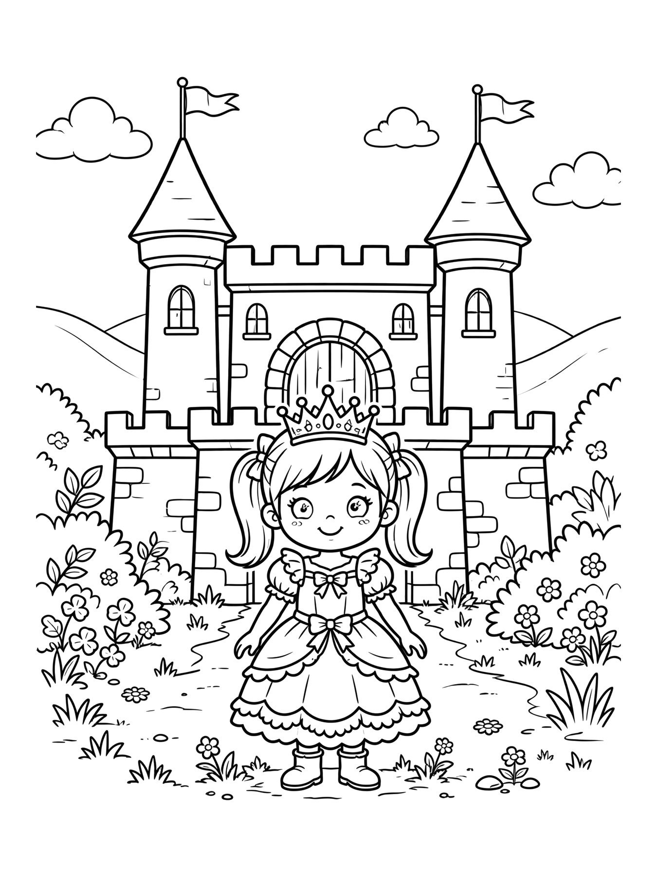Desenho de menina princesa no castelo para colorir