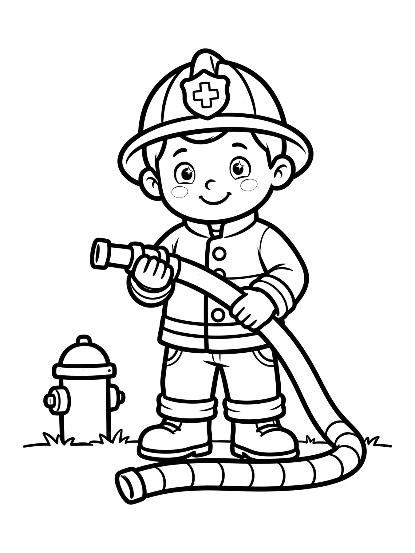 Desenho de menino bombeiro com mangueira para colorir