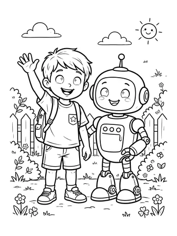 Desenho de menino com robô amigo para colorir