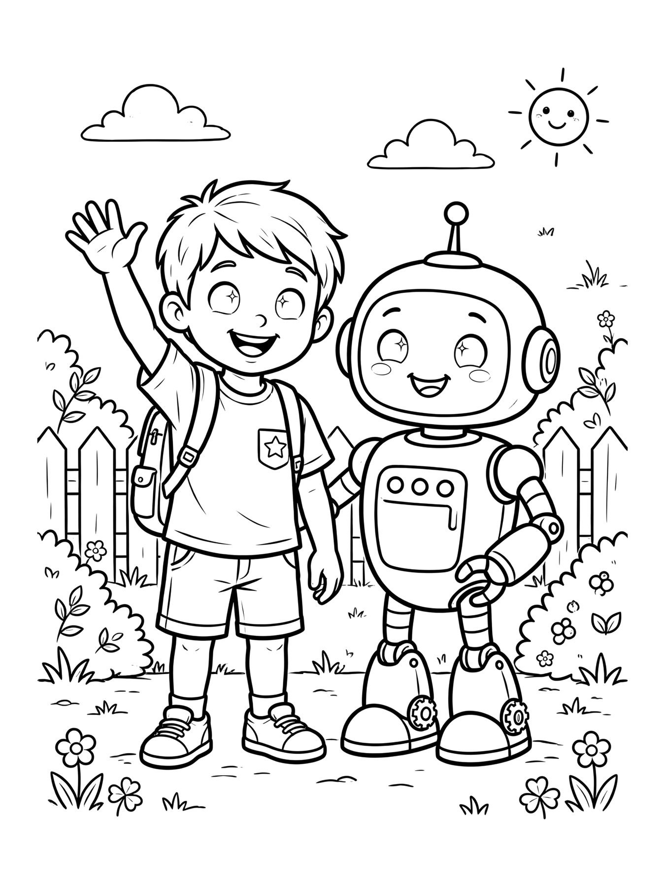 Desenho de menino com robô amigo para colorir
