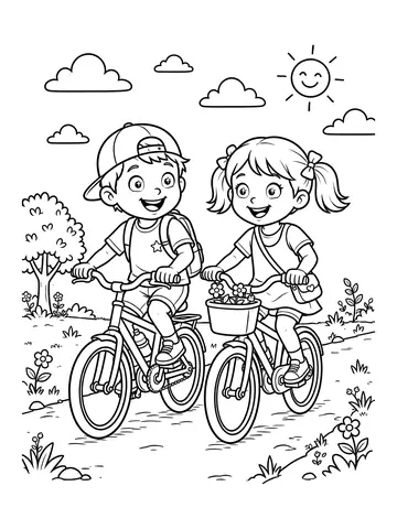 Desenho de menino e menina andando de bicicleta para colorir