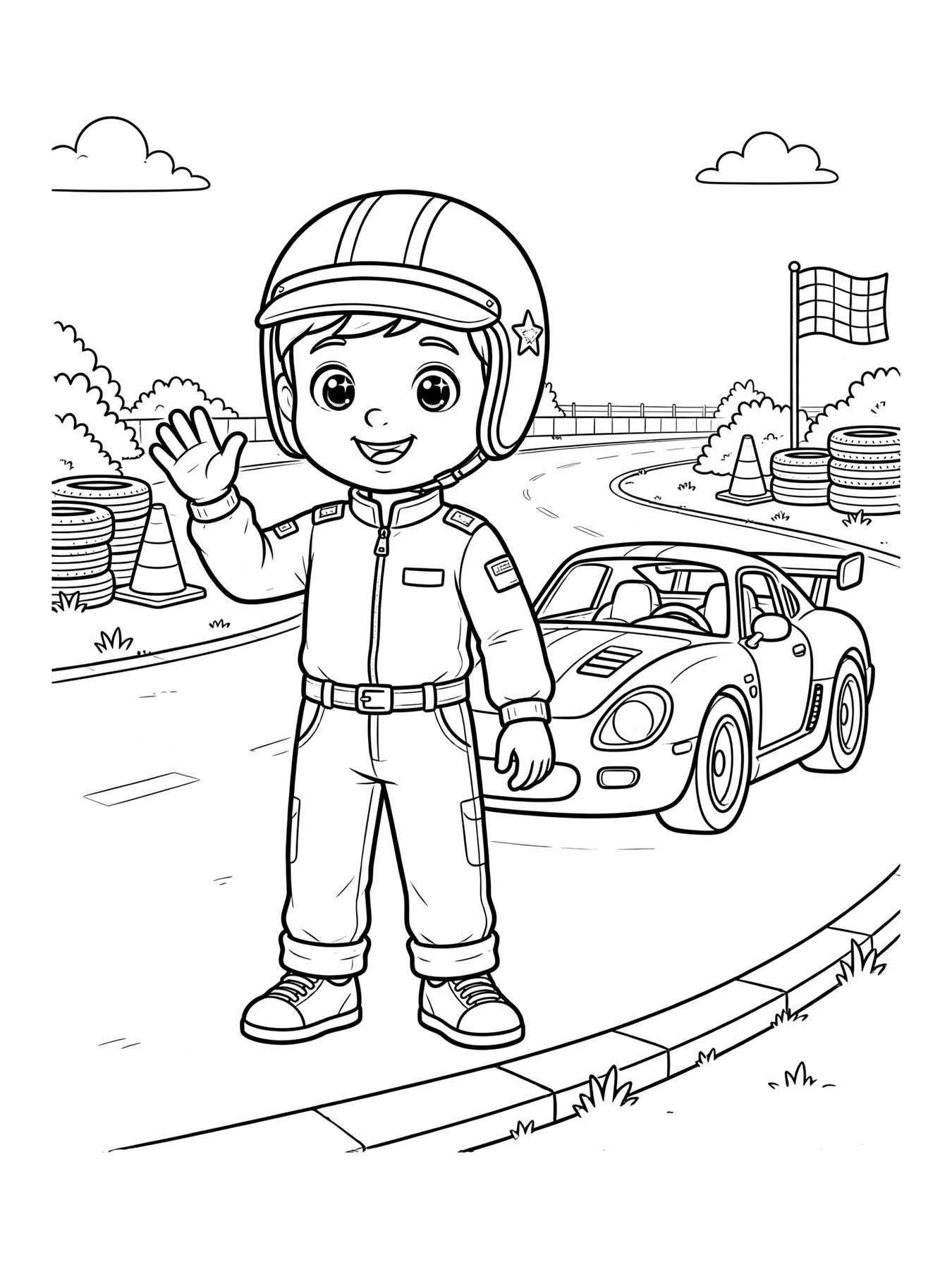 Desenho de menino na pista com carrinho de corrida para colorir