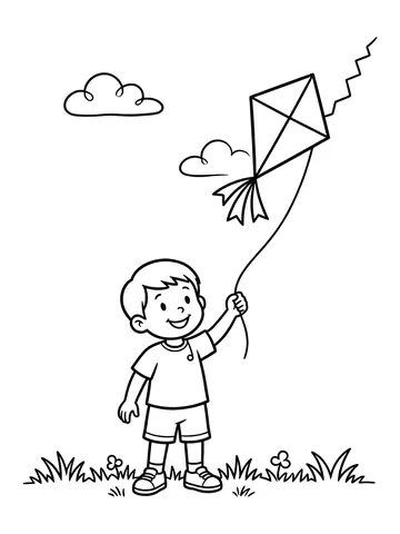 Desenho de menino soltando pipa no céu para colorir