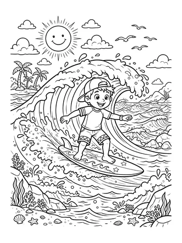 Desenho de menino surfista na onda para colorir