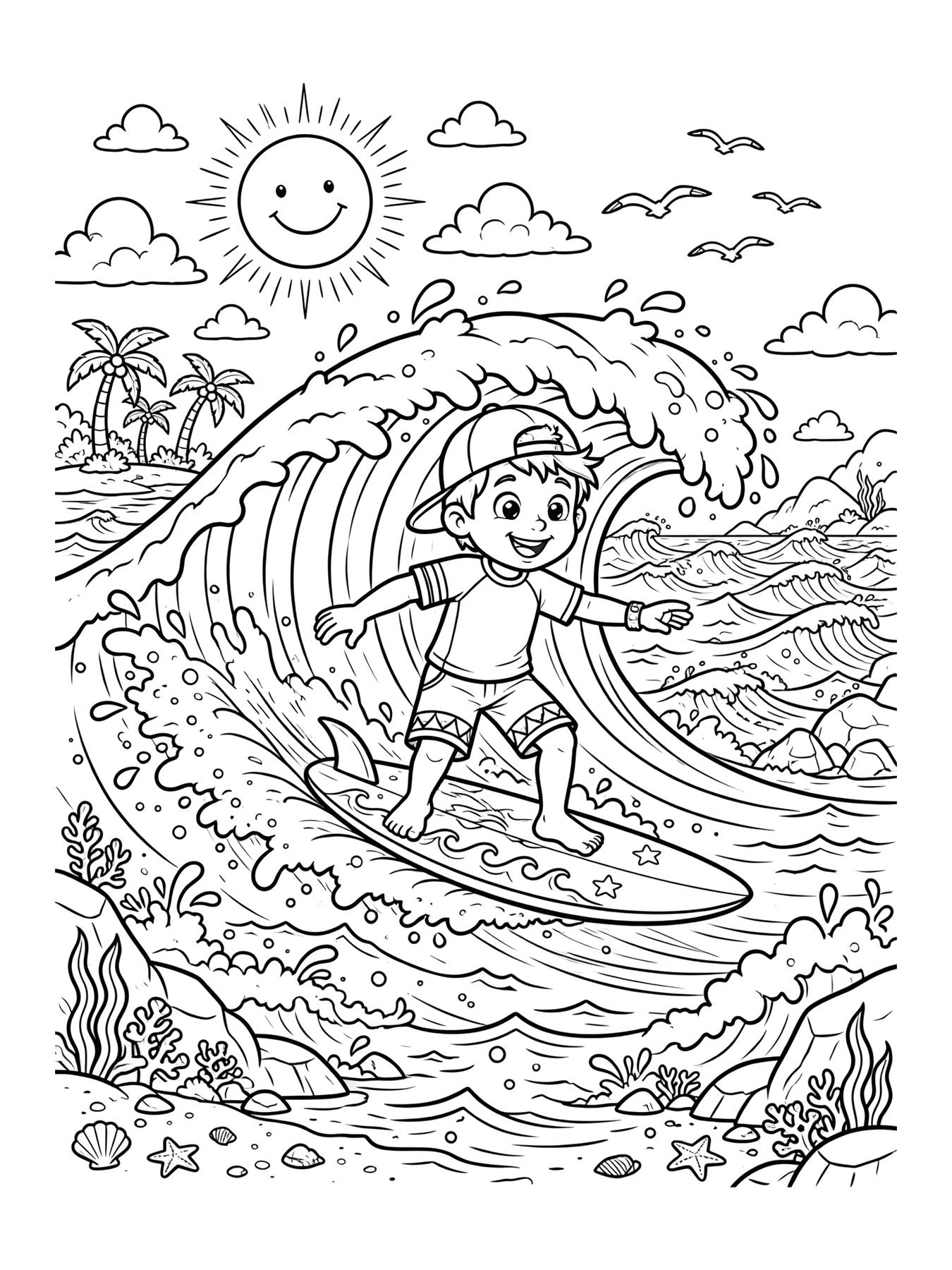 Desenho de menino surfista na onda para colorir