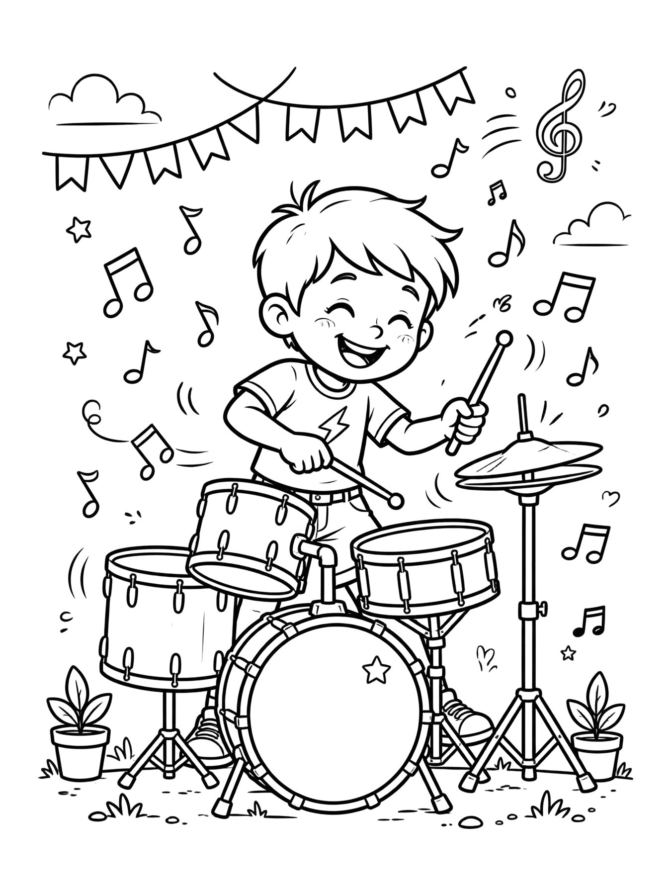 Desenho de menino tocando bateria para colorir
