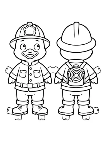Desenho de molde de paper duck com roupa de bombeiro, frente e verso para colorir