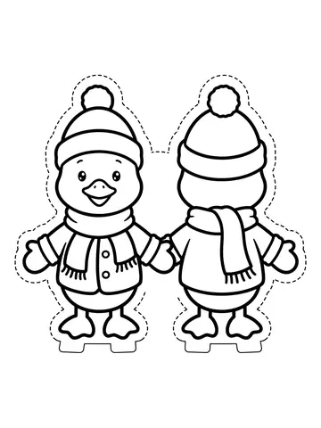 Desenho de molde de paper duck com roupa de inverno e cachecol, frente e verso para colorir