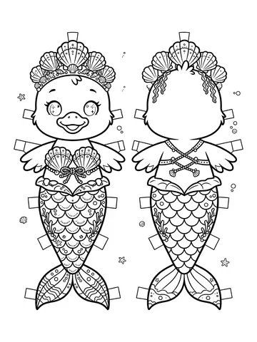 Desenho de molde de paper duck com roupa de sereia, frente e verso para colorir