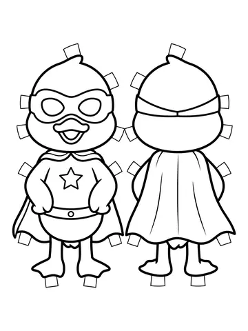 Desenho de molde de paper duck com roupa de super-herói original, frente e verso para colorir