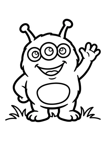 Desenho de monstrinho de três olhos acenando para colorir