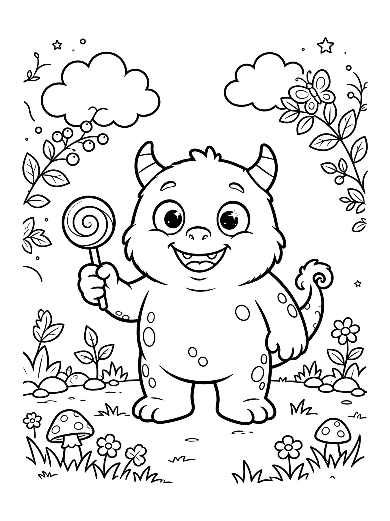 Desenho de monstrinho fofo segurando um pirulito para colorir