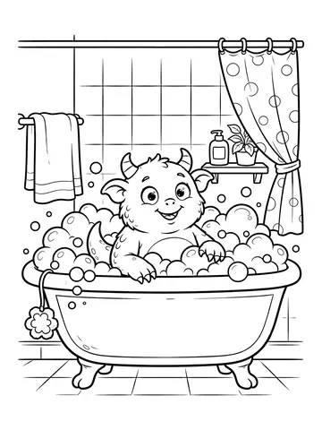 Desenho de monstrinho na banheira com espuma para colorir