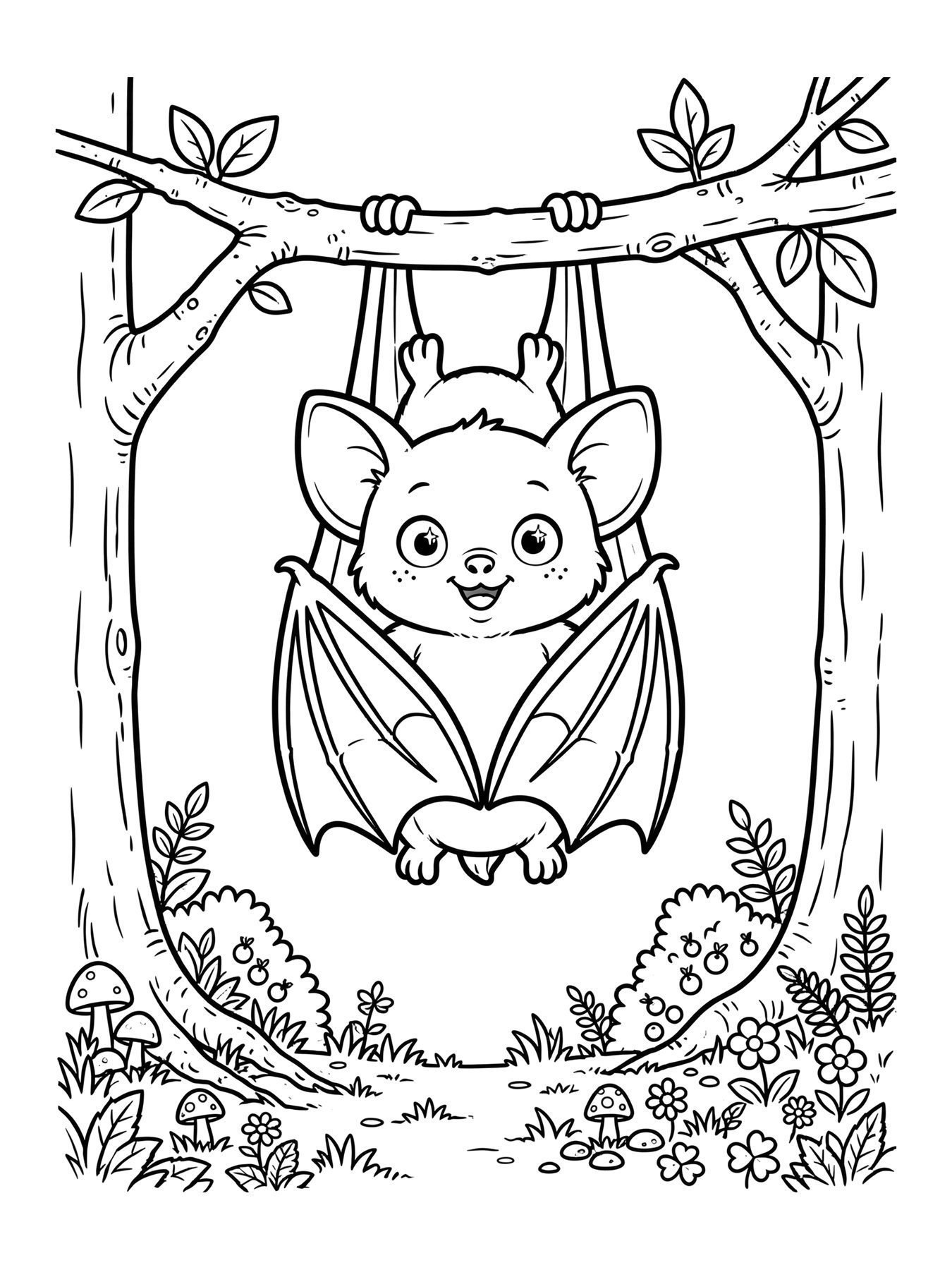 Desenho de morcego fofo pendurado em um galho para colorir