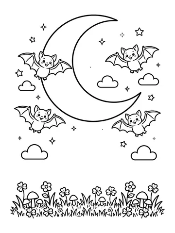 Desenho de morceguinhos fofos na lua para colorir