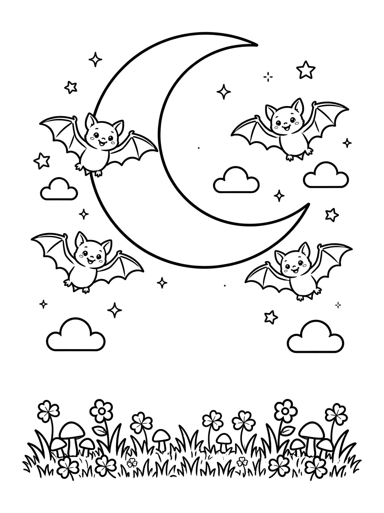 Desenho de morceguinhos fofos na lua para colorir