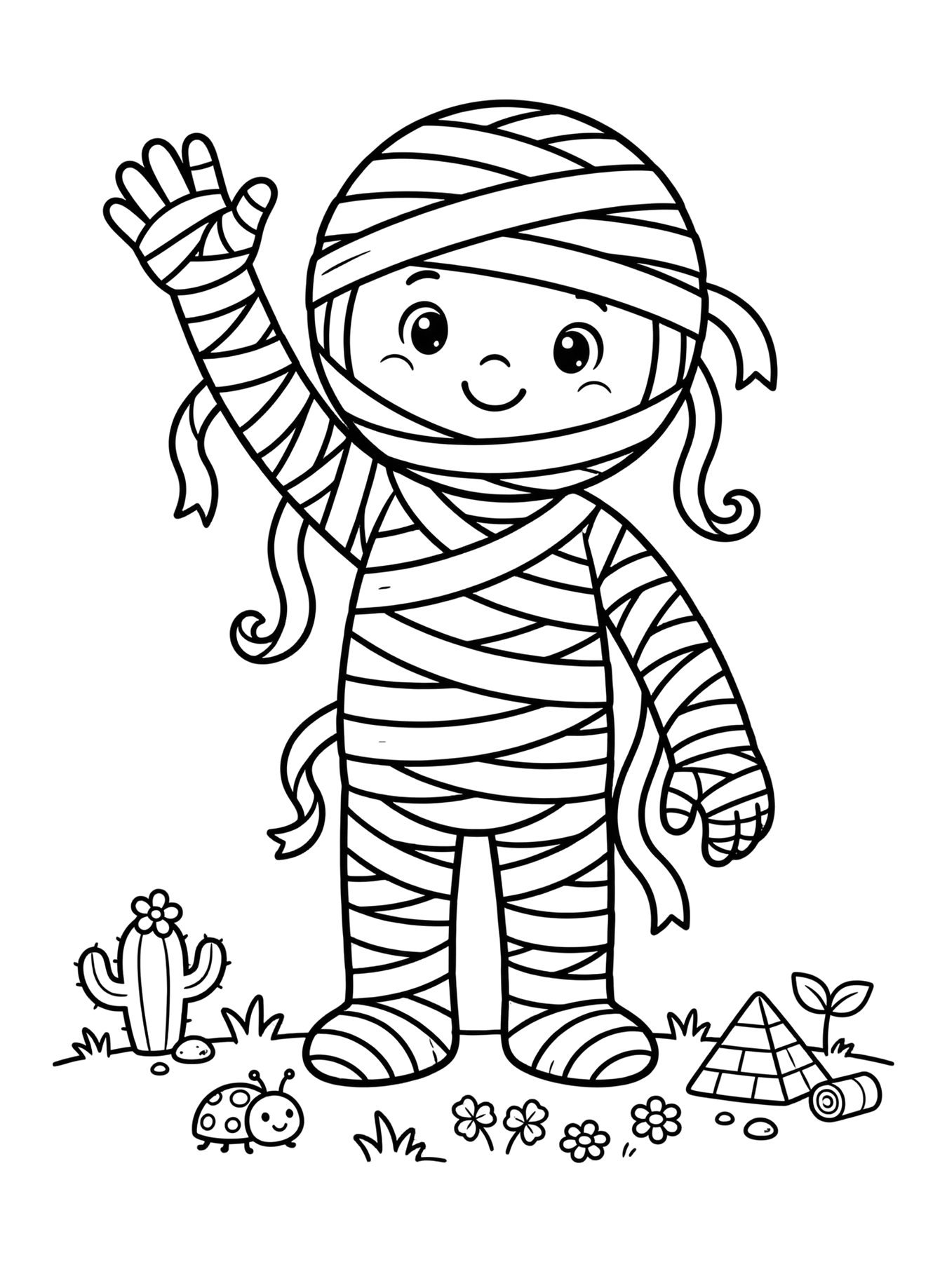 Desenho de múmia fofa acenando para colorir