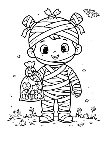 Desenho de múmia fofa com doces para colorir