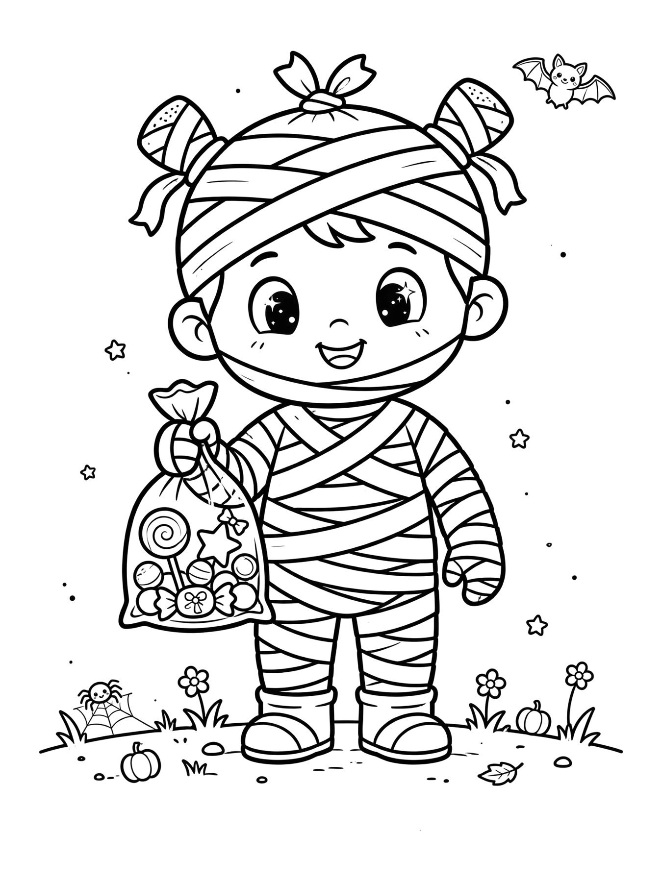 Desenho de múmia fofa com doces para colorir