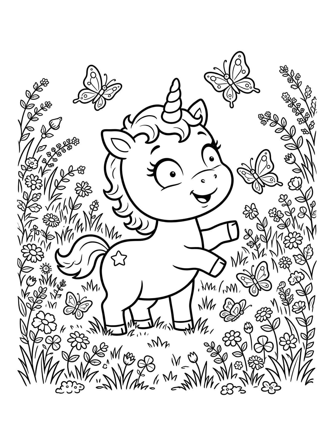 Desenho de nina a unicórnio brincando com borboletas para colorir