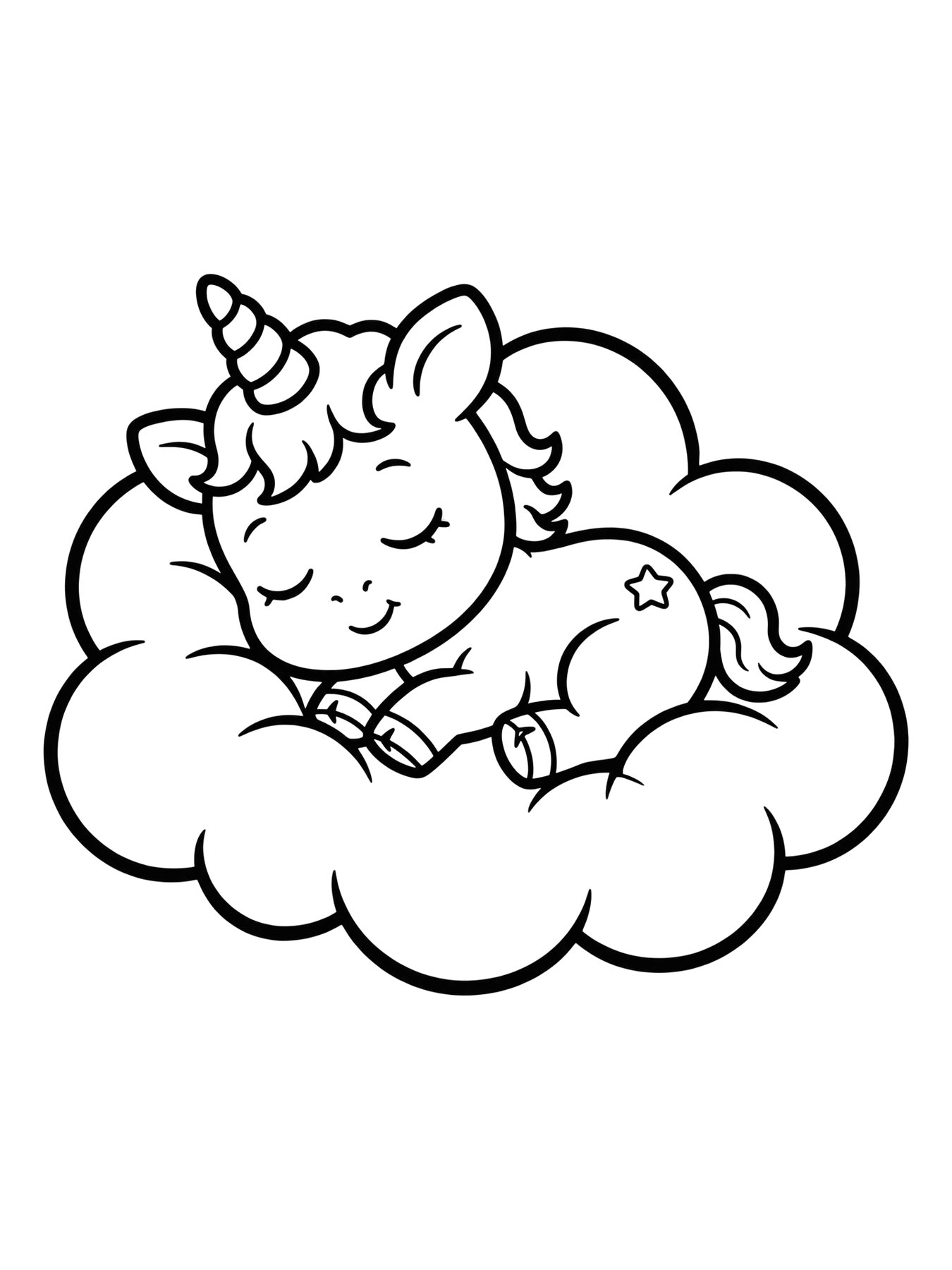 Desenho de nina a unicórnio dormindo numa nuvem para colorir