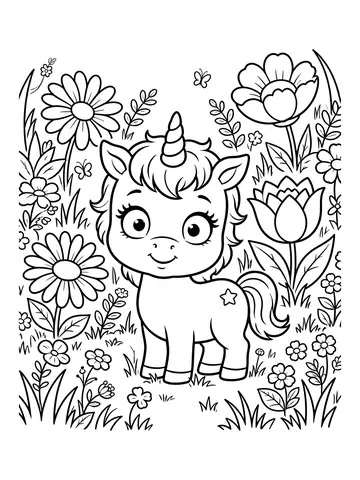 Desenho de nina a unicórnio no jardim de flores para colorir