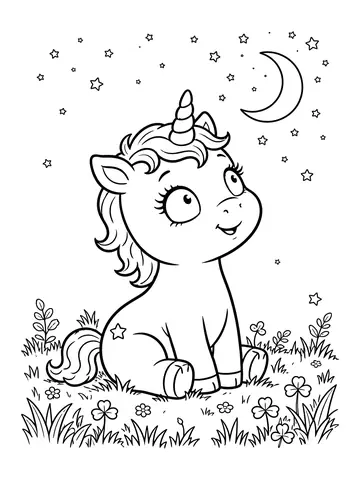 Desenho de nina a unicórnio olhando a lua e as estrelas para colorir