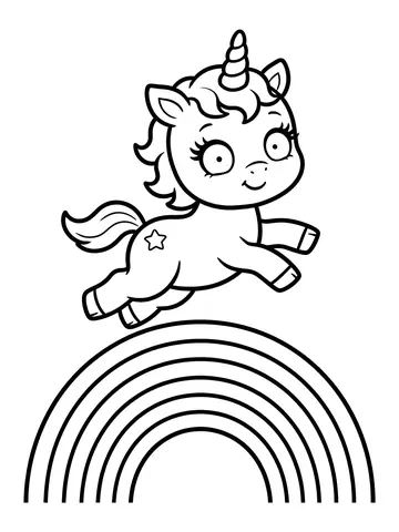 Desenho de nina a unicórnio pulando sobre um arco-íris para colorir