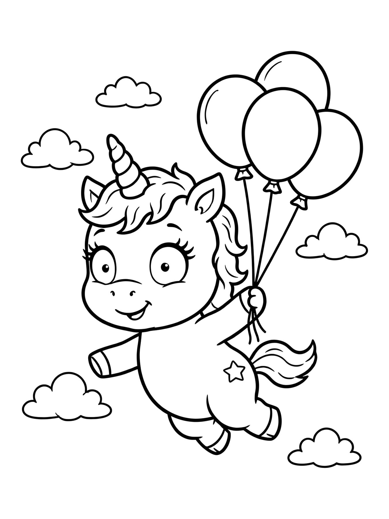 Desenho de nina a unicórnio voando com balões para colorir