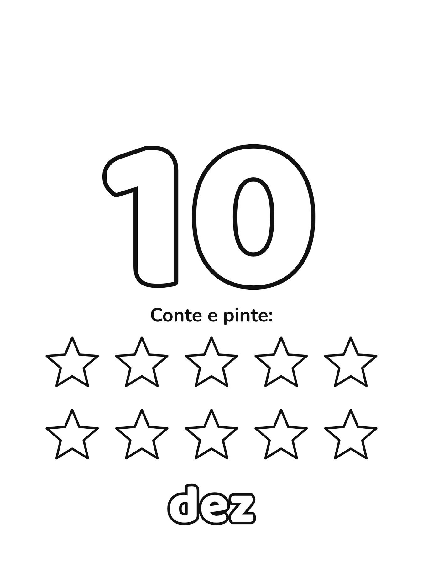 Número 10 grande para colorir com 10 figuras para contar