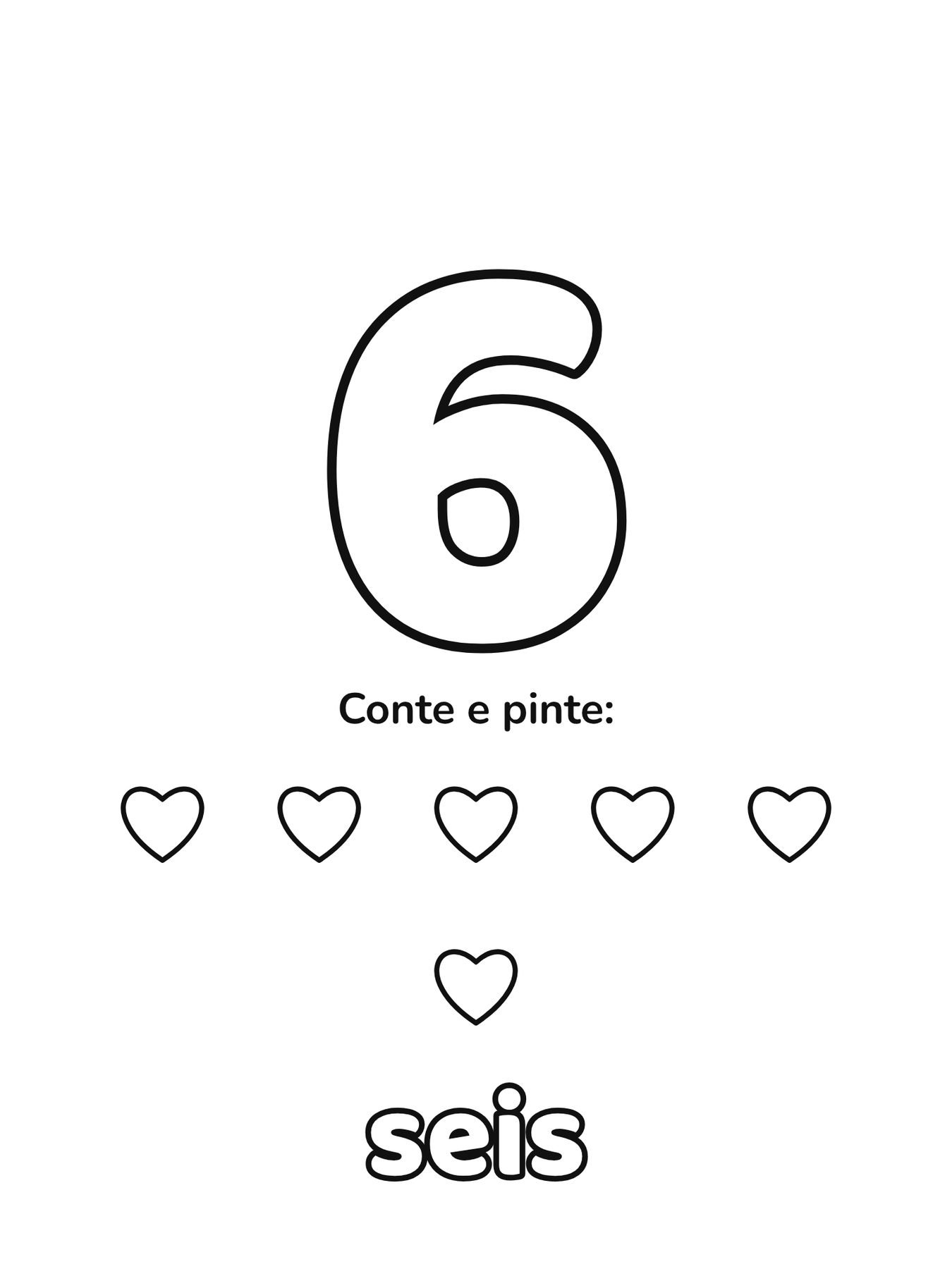 Número 6 grande para colorir com 6 figuras para contar
