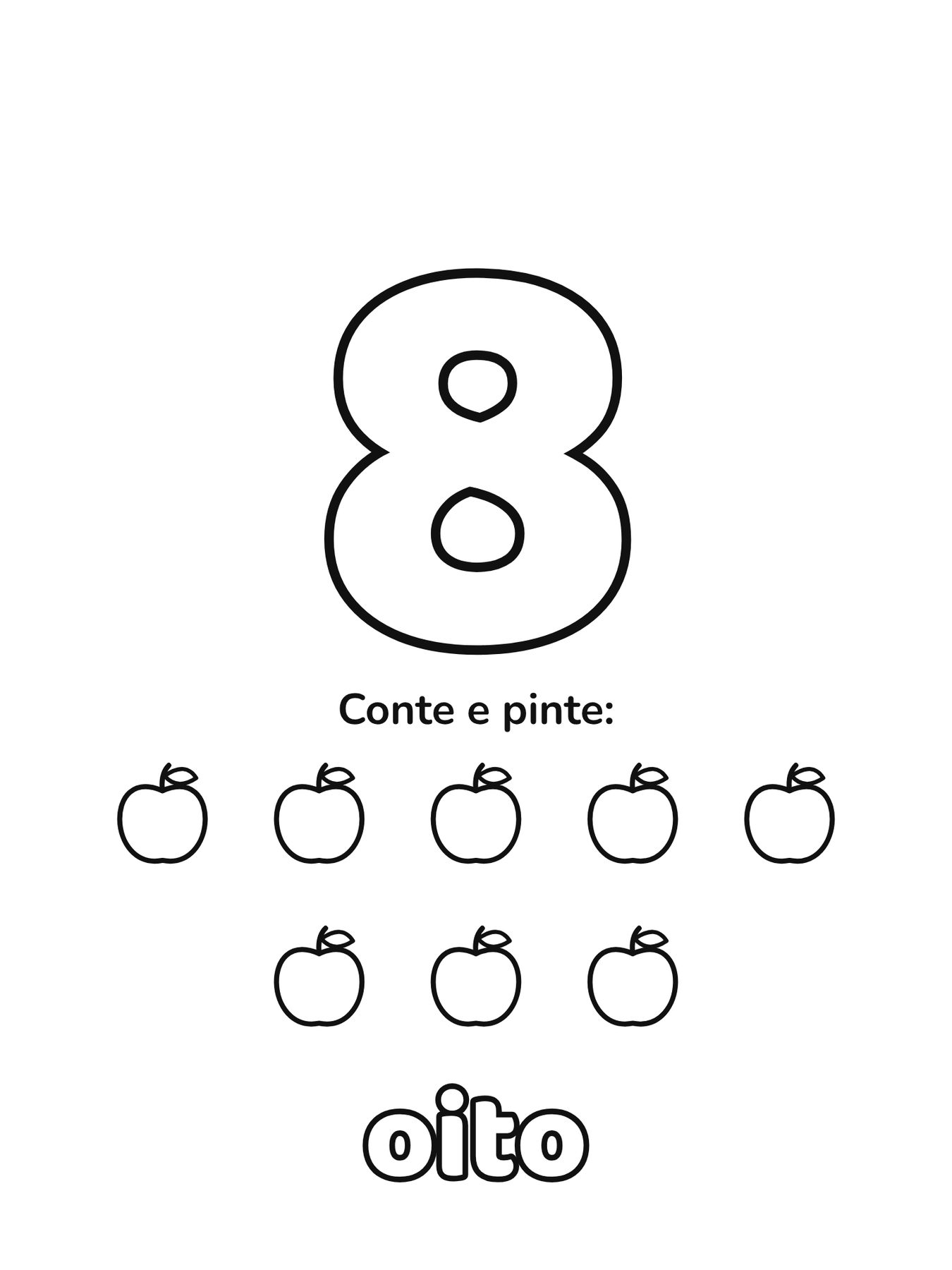Número 8 grande para colorir com 8 figuras para contar