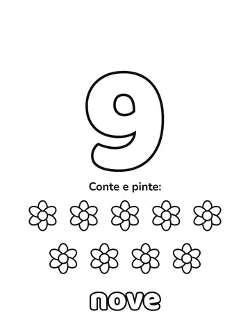 Número 9 grande para colorir com 9 figuras para contar