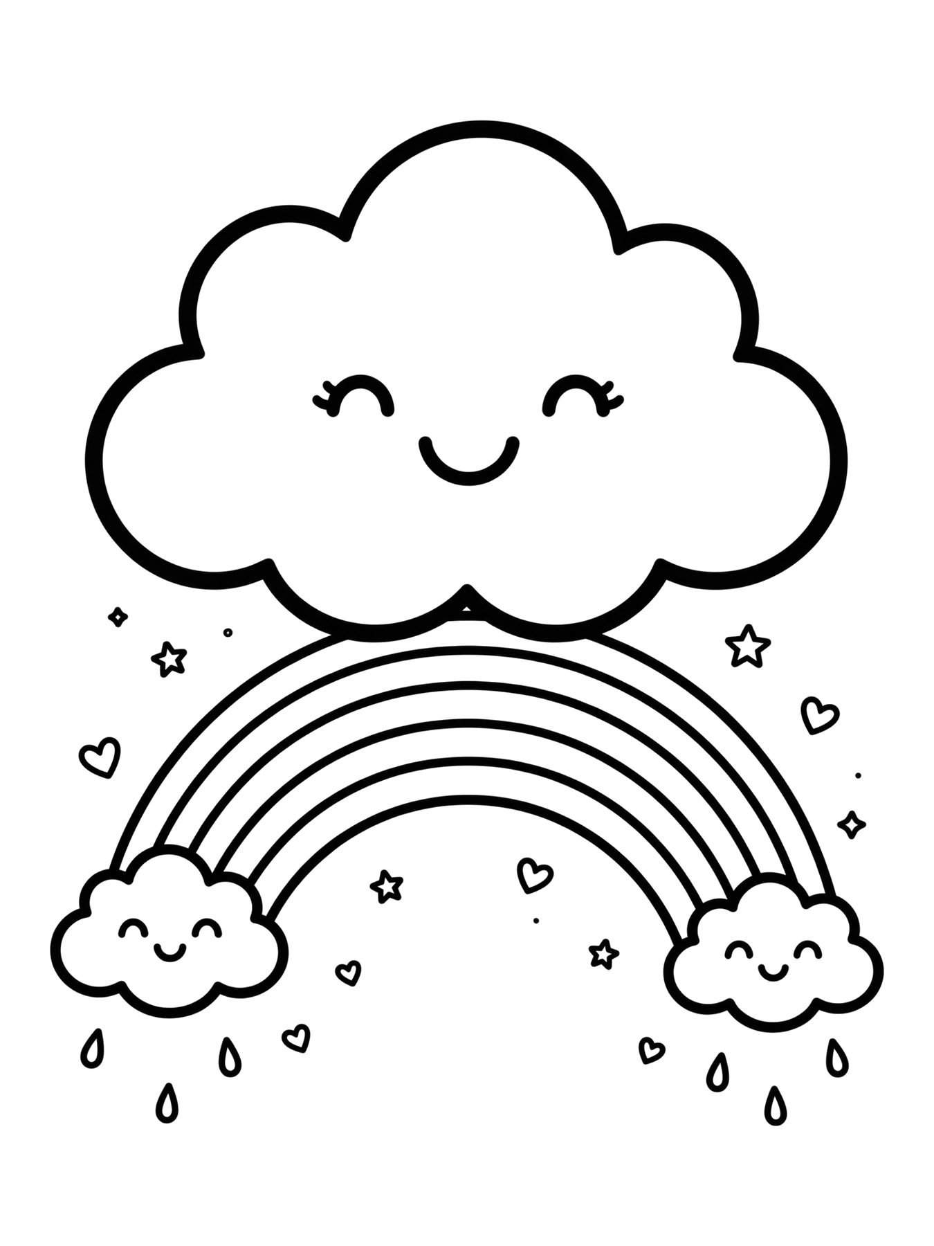 Desenho de nuvem kawaii sobre o arco-íris para colorir