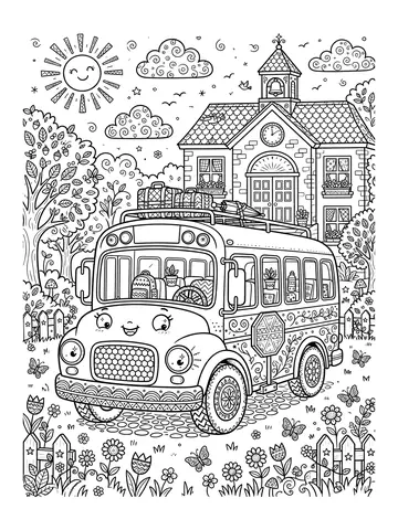 Desenho de ônibus escolar em frente à escola para colorir