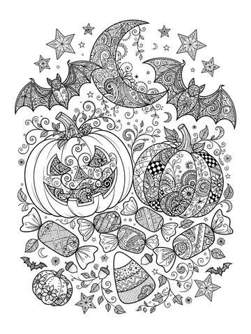 Desenho de padrao de Halloween com abóboras morcegos e doces para colorir