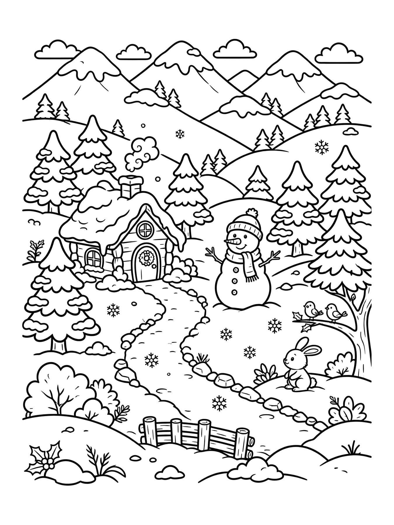 Desenho de paisagem de inverno com neve para colorir