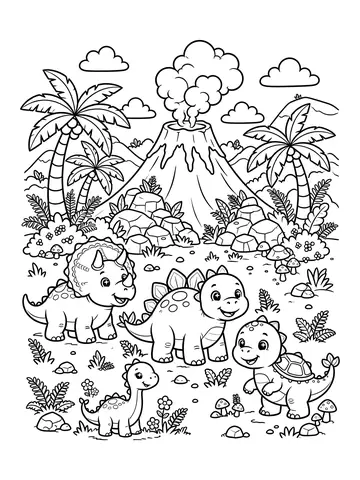 Desenho de paisagem pré-histórica com vários dinossauros para colorir