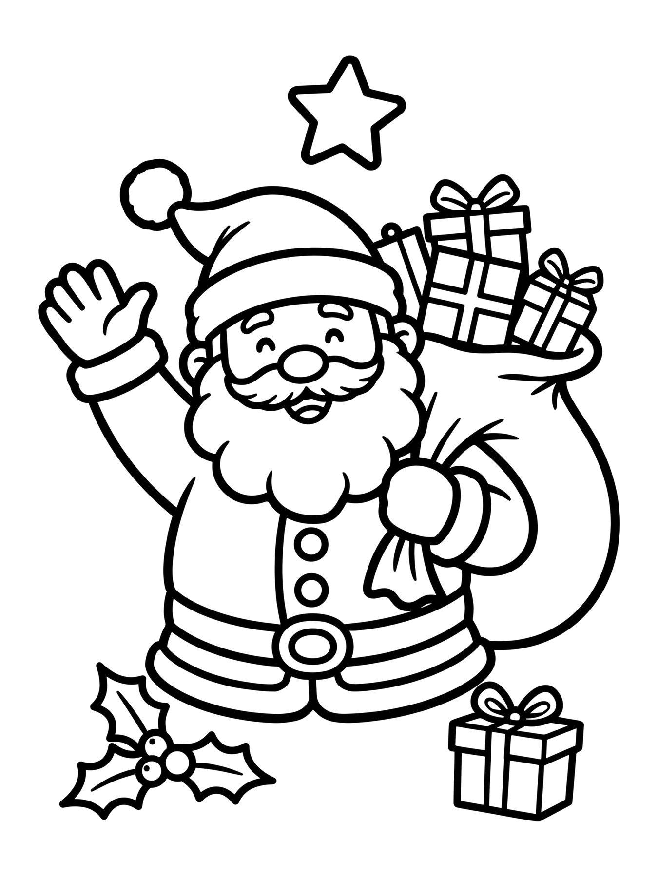 Desenho de papai Noel acenando com saco de presentes para colorir