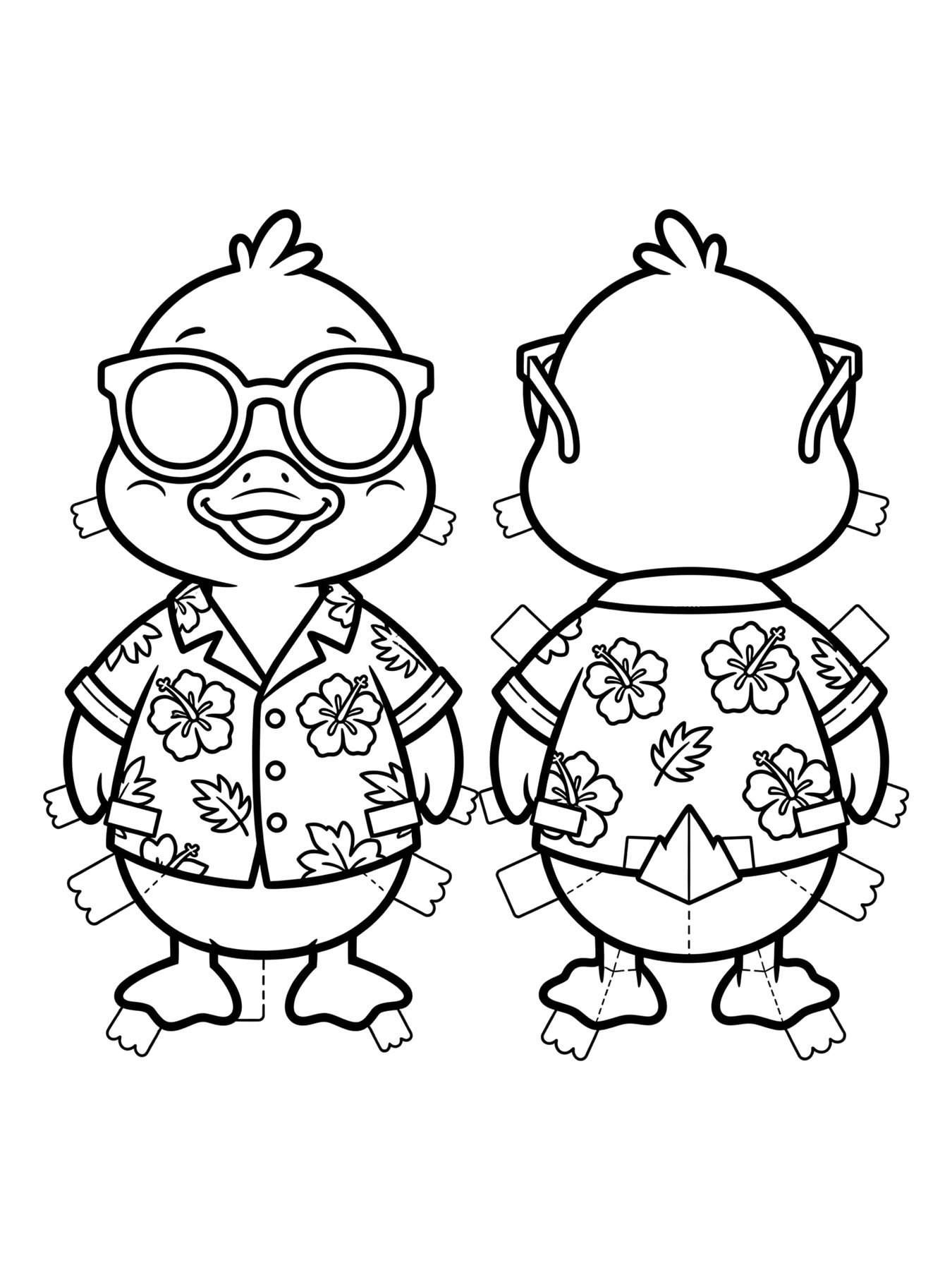 Desenho de paper duck com roupa de praia e óculos para colorir