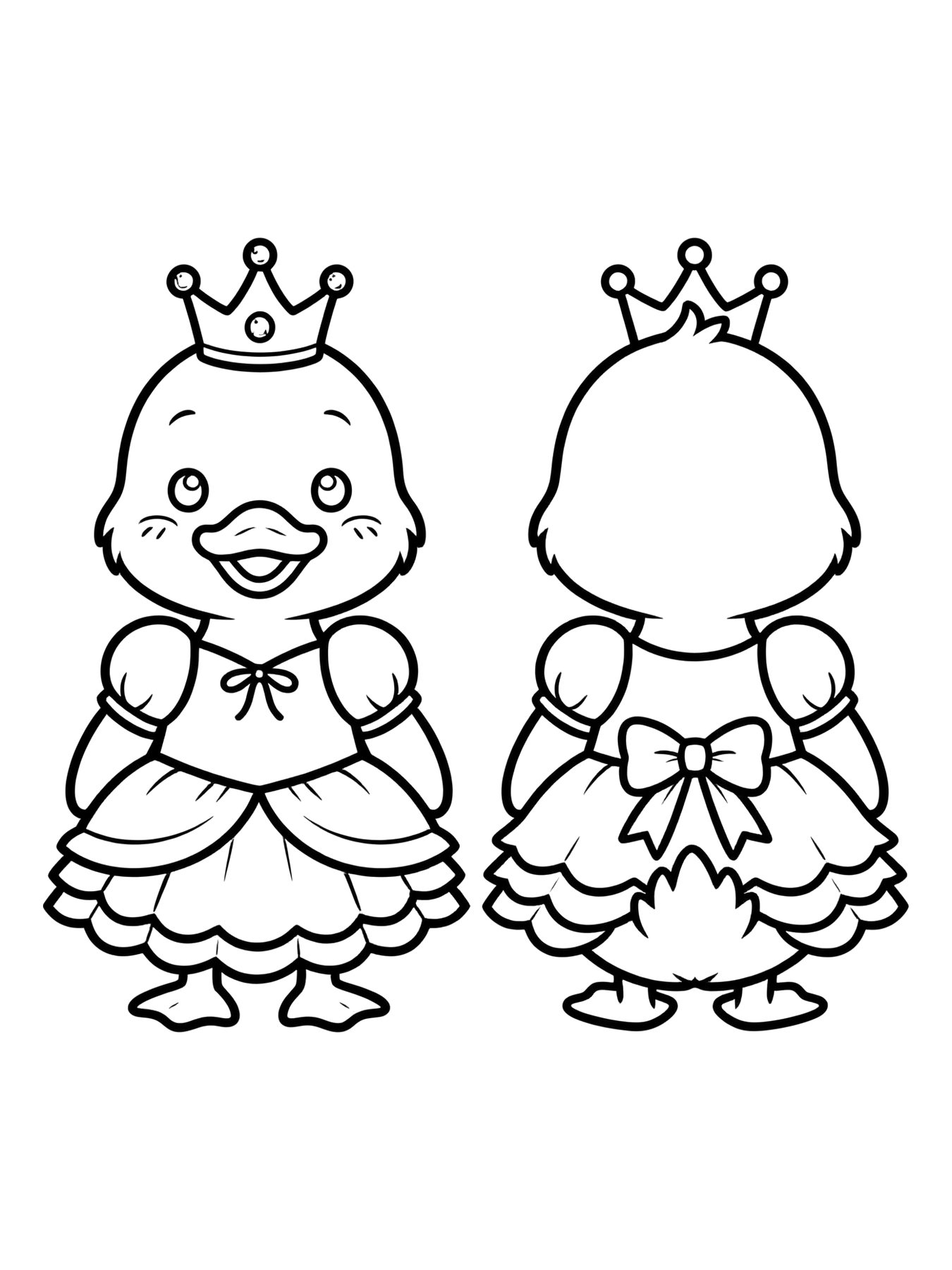 Desenho de paper duck com roupa de princesa e coroa para colorir