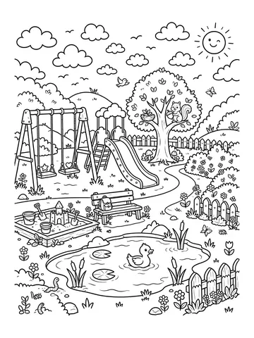 Desenho de parque com balanços para colorir