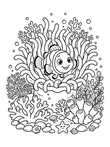 Desenho de peixe palhaço na anêmona para colorir