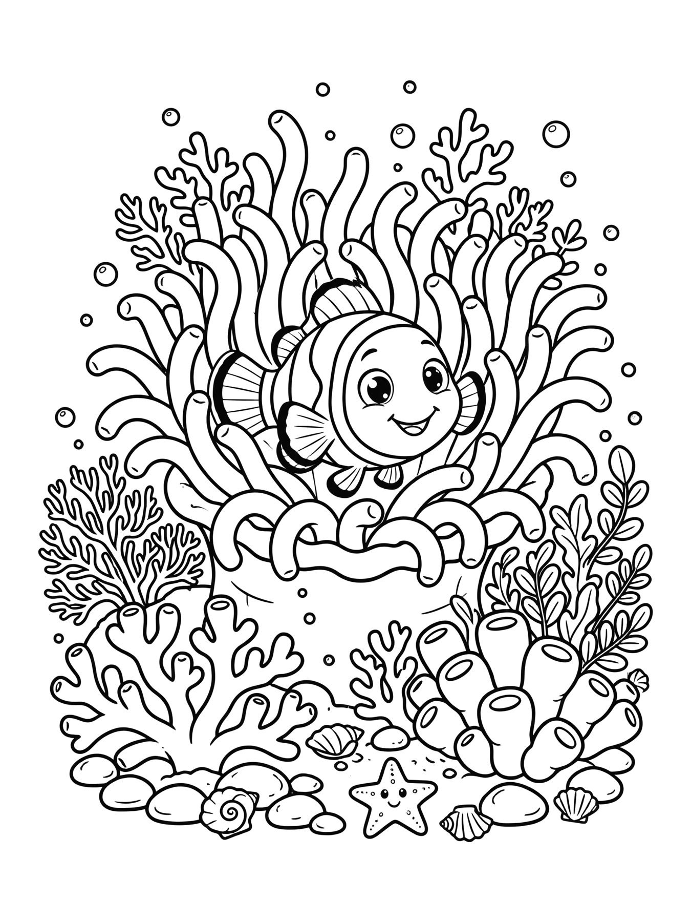 Desenho de peixe palhaço na anêmona para colorir