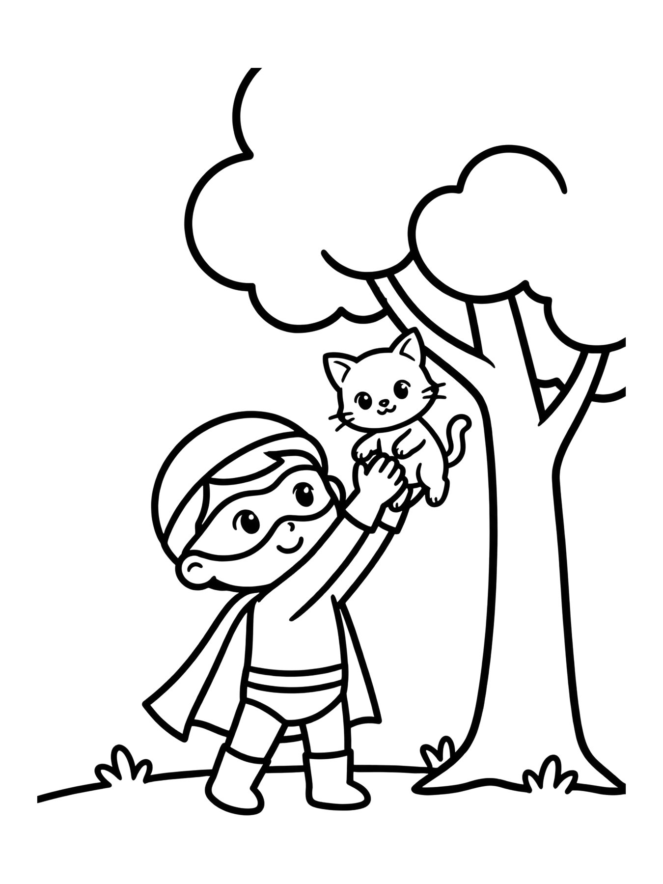 Desenho de pequeno herói original de capa salvando um gatinho na árvore para colorir